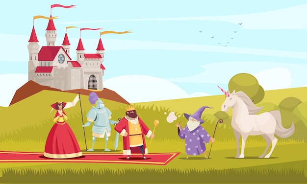 Fairytale characters with king, queen and knight flat illustration