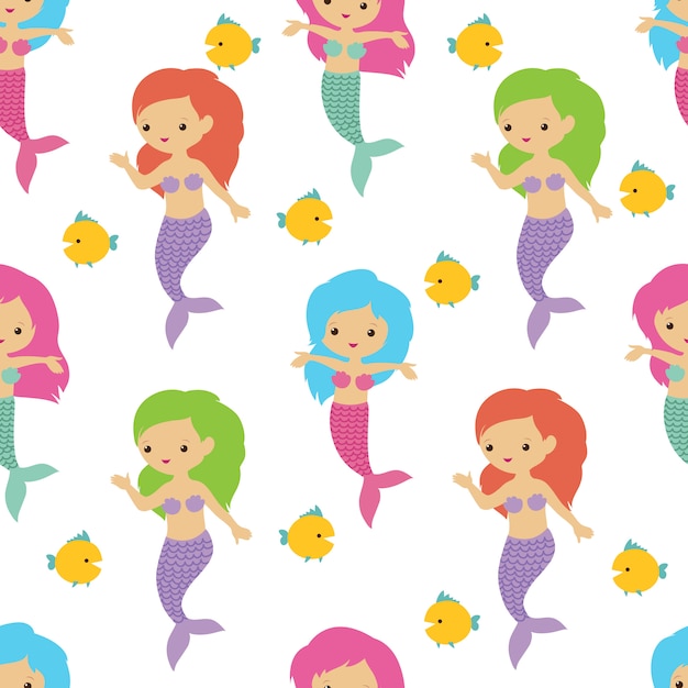 Fairytale cute mermaids sea underwater girls. Summer seamless pattern