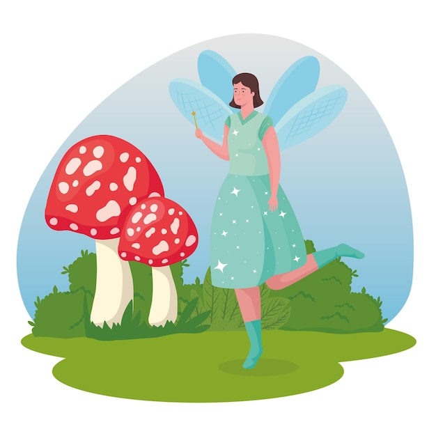 Fairytale fairy cartoon with mushrooms illustration