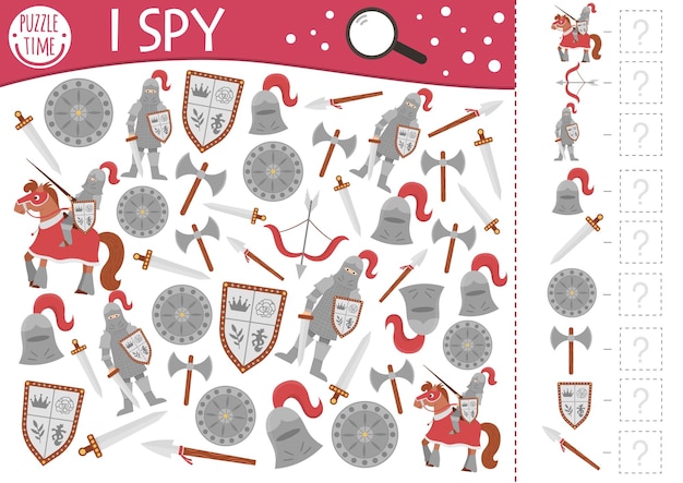 Fairytale fantasy I spy game for kids with knight armor Searching and counting activity with helmet horse sward Magic kingdom printable worksheet Simple fairy tale spotting puzzlexA