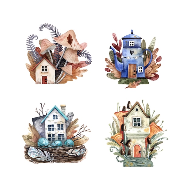 Fairytale forest houses with mushrooms and wild plants watercolor illustration collection.