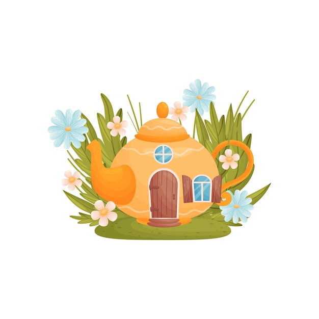 Vector fairytale house in the form of an orange teapot among grass and blue flowers vector illustration on white background