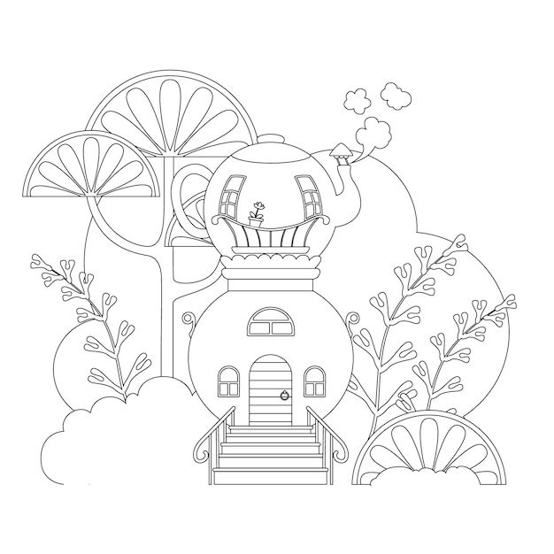 Fairytale house made of a samovar with a teapot Children's coloring book Vector