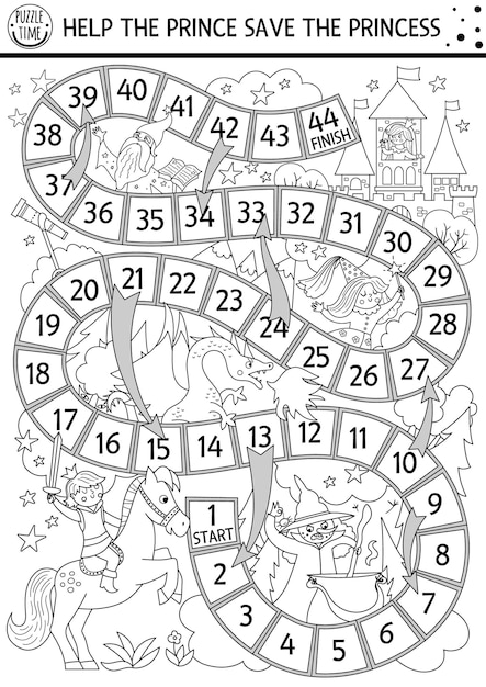 Fairytale lack and white dice coloring board game with castle Magic kingdom line boardgame Fairy tale activity printable worksheet for kids Help the prince save the princessxA