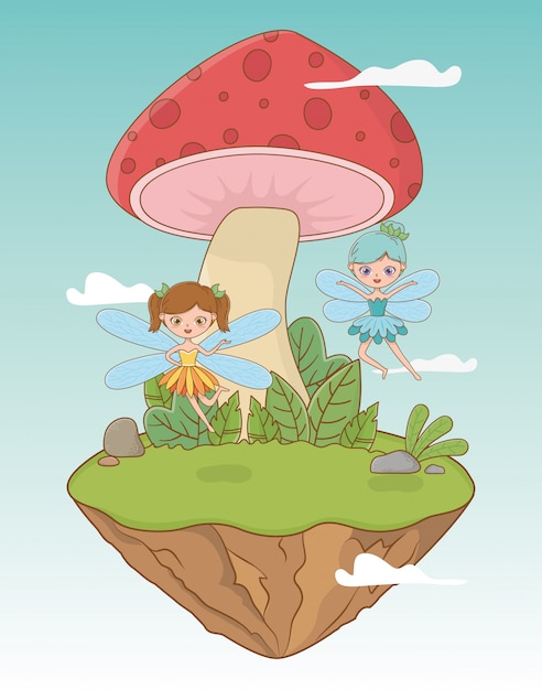 Fairytale landscape scene with fungus and fairies