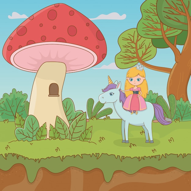 Fairytale landscape scene with fungus and princess in unicorn