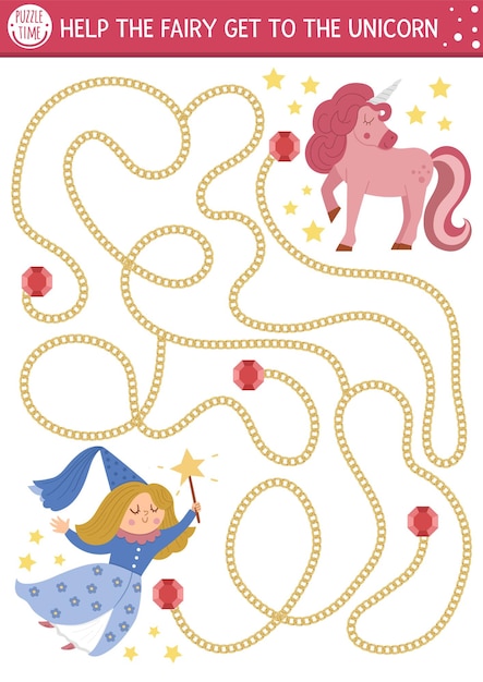 Fairytale maze for kids with fantasy characters Magic kingdom preschool printable activity with gems precious stones golden chain Fairy tale labyrinth game or puzzle Help fairy get to unicornxA