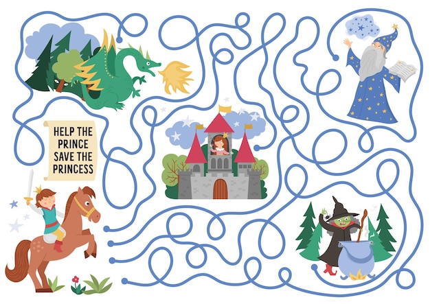 Fairytale maze for kids with fantasy characters Magic kingdom preschool printable activity with witch dragon stargazer Fairy tale labyrinth game or puzzle Help prince save the princess in castlexA