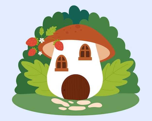 Vector fairytale mushroom house mushroom house with strawberries and flowers