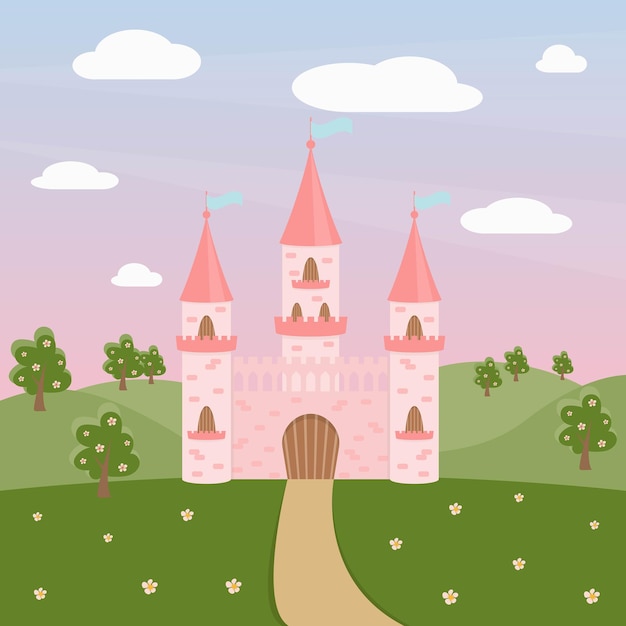 Fairytale pink castle for the princess on a green meadow