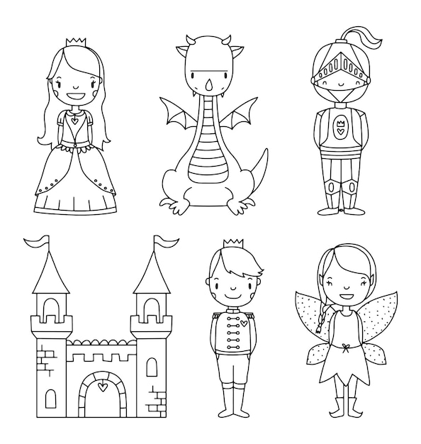 Fairytale princess, dragon, knight, castle, prince and fairy vector illustration