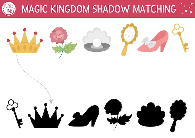 Fairytale shadow matching activity with crown mirror shoe Magic kingdom puzzle with traditional symbols Find correct silhouette printable worksheet or game Fairy tale page for kidsxA