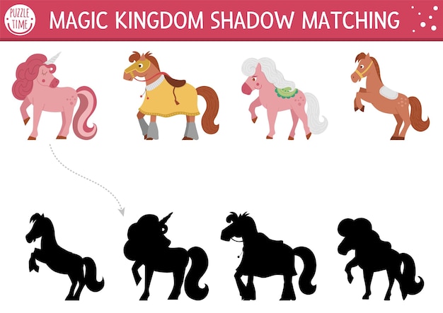 Fairytale shadow matching activity with horses and unicorn Magic kingdom puzzle with cute characters Find correct silhouette printable worksheet or game Fairy tale page for kidsxA