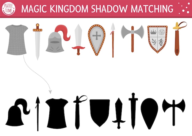 Fairytale shadow matching activity with sward shield helmet Magic kingdom puzzle with traditional knight armor Find correct silhouette printable worksheet or game Fairy tale page for kidsxA