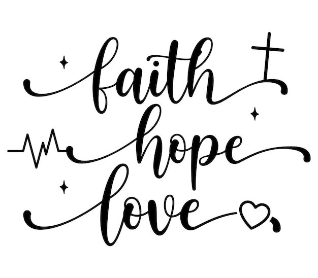 Vector faith hope love calligraphy with a heart and a cross.