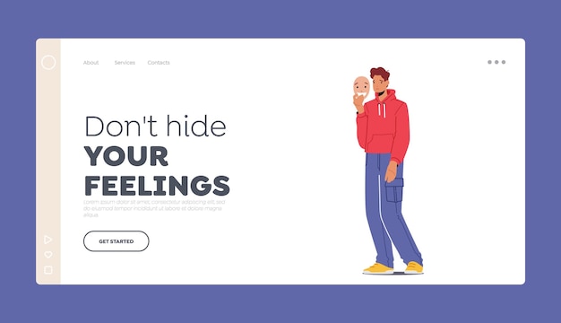 Fake Emotions Landing Page Template Depressed Anonymous Man Holding Smiling Mask Unhappy Male Character with Mask