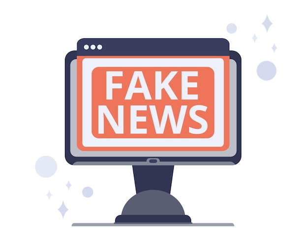 Fake news or misinformation Monitor screen with a dialog box with a web page that spreads fake news