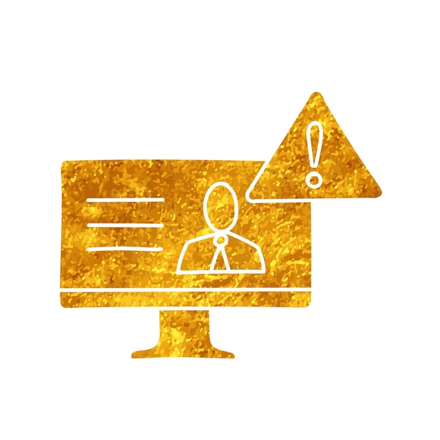 Fake news warning icon computer monitor with sign drawing in gold color style