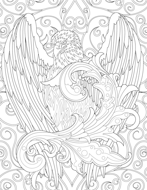 Falcon facing forward with wings wide open colorless line drawing beautiful eagle spreading