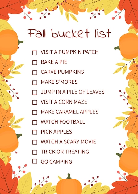 Fall bucket list Funny autumn things to do checklist Seasonal activity planner page Frame of colorful leaves Autumn wish list Easy to edit vector template