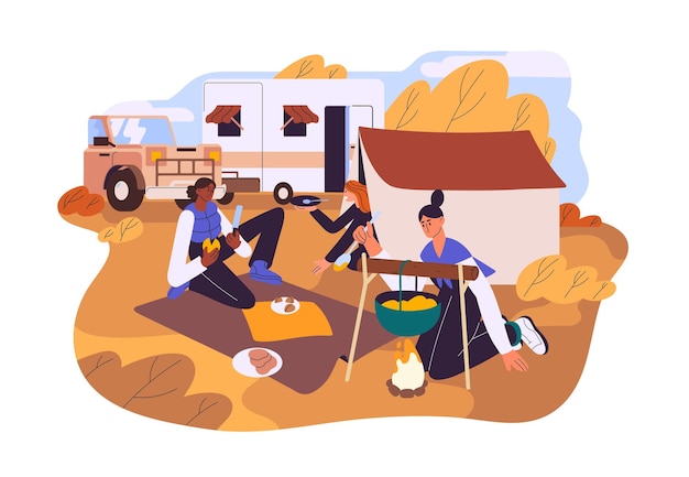 Fall camping Girls cooking food in nature at campground Women friends campers cook meal on fire outdoors near tent People at autumn campsite Flat vector illustration isolated on white background