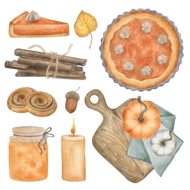 Fall cozy watercolor clipart collection Pumpkin pie jam jar s