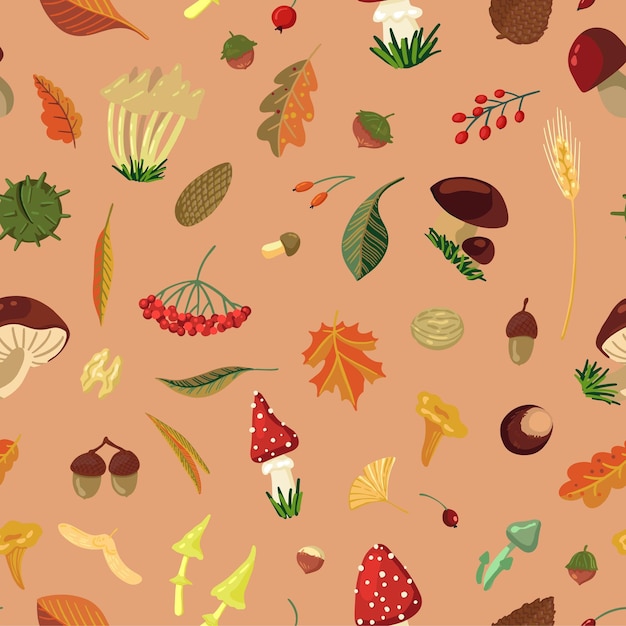 Fall harvest vector seamless pattern Mushrooms nuts leaves berry Autumn ornament in cartoon style Abstract design for background wallpaper textile decor