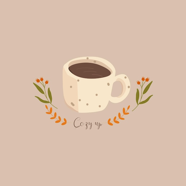 Vector fall illustration cozy autumn with cocoa cup on beige background vector