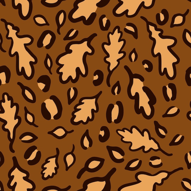 Fall Leopard or jaguar seamless pattern made of oak leaves Trendy animal print with autumn colors Vector background for fabric textile wallpaper wrapping paper etc