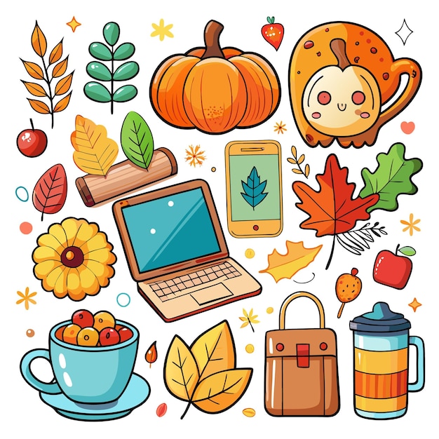 Vector fall season illustrated with leaves pumpkins and other autumn objects