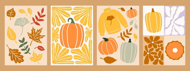 Vector fall vector cards set autumn arrangements pumpkin leaves florals