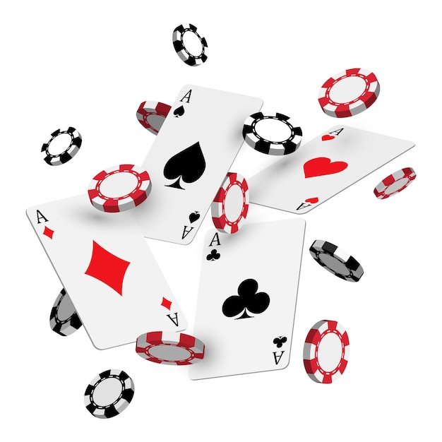 Falling 3d pokers cards with black and red casino chips on white background vector