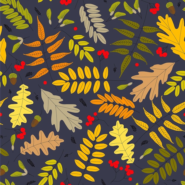 Falling autumn leaves berries seeds and acorns seamless pattern Vector illustration Background for textile or book covers wallpaper design graphics printing hobbies invitations