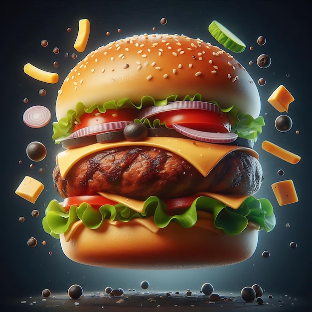 Falling burger with all ingredients lettuce tomatoes meat patty sauce floating burger 3d illust