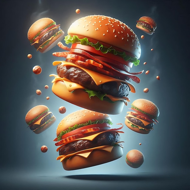 Falling burger with all ingredients lettuce tomatoes meat patty sauce floating burger 3d illust