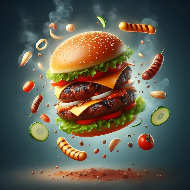 Falling burger with all ingredients lettuce tomatoes meat patty sauce floating burger 3d illust