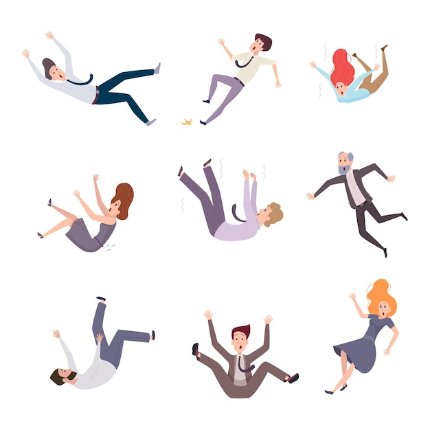 Falling business characters Busy people male and female in costumes flying fast moving and falling accident problems exact vector persons isolated