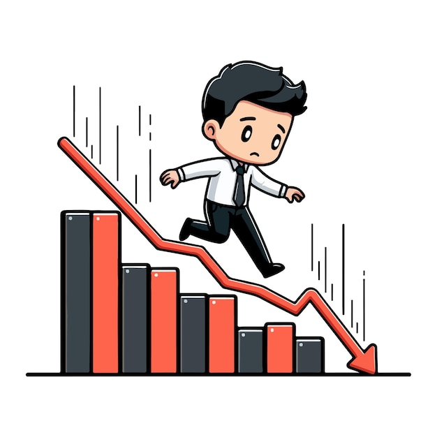 Falling businessman and down arrow chart flat vector illustration