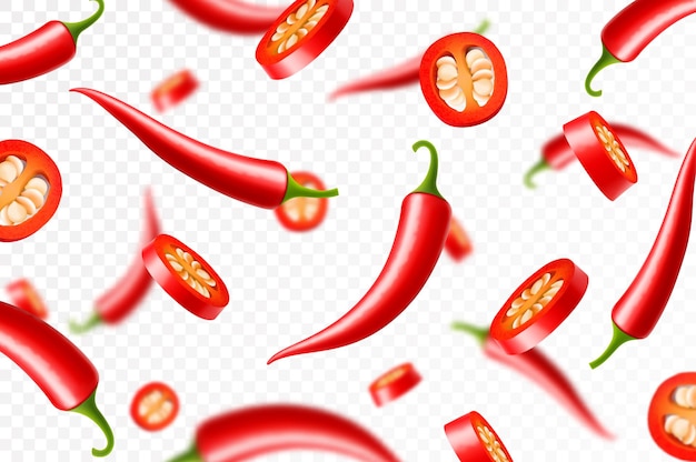 Falling chili pepper isolated on transparent background hopped pieces of hot pepper flying selective focus Can be used for advertising packaging banner print Realistic 3d vector design