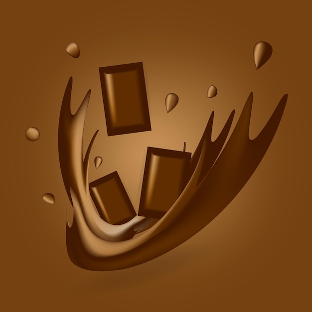 Falling chocolate pieces with chocolate splashes drops and splash 3d realistic vector food objects