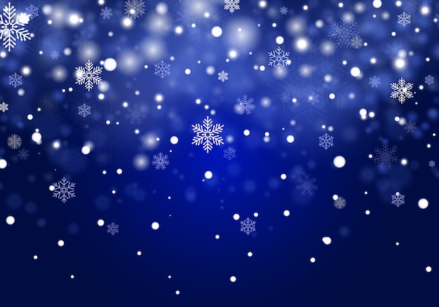 Falling Christmas snow background, snowflakes on blue background.