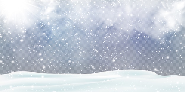 Falling Christmas snow decoration with snowdrifts, snow-covered hills isolated. Grey shiny poster with winter landscape, wind, blizzard. Winter Holidays Storm Background. Heavy snowfall, snowflakes.