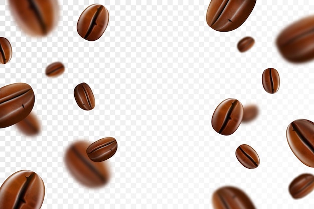 Falling coffee beans isolated on transparent background Flying defocusing coffee grains Applicable for cafe advertising package menu design Realistic 3d Vector illustration