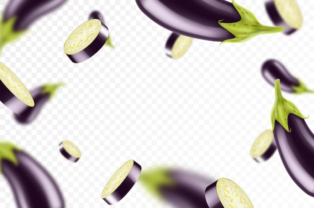 Falling eggplant isolated on transparent background Flying whole and sliced eggplants vegetable with blurry effect Can be used for advertising packaging banner poster print Realistic 3d vector