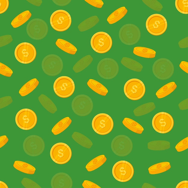 Falling gold coins on green background Vector illustration