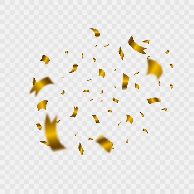 Falling golden confetti and blurred stars on a transparent background