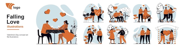 Vector falling love concept with people scenes mega set in flat web design bundle of character situation with dating at restaurant or park gifting bouquet and heart couple match vector illustrations