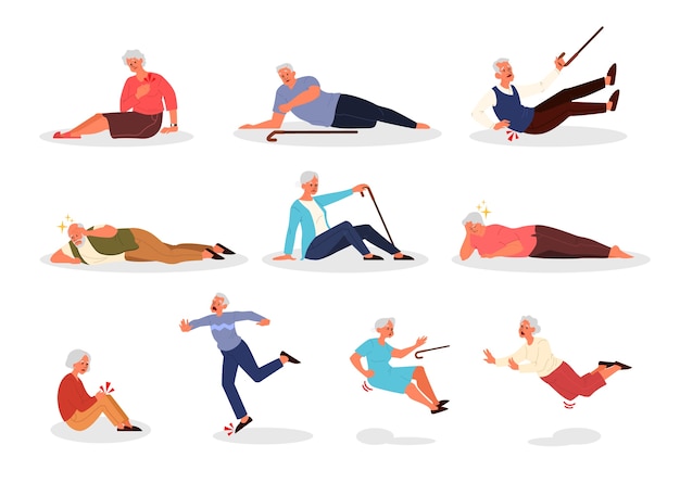 Falling old people set. Retired men and women falling down. Elderly person with cane falling. Pain and injury.  