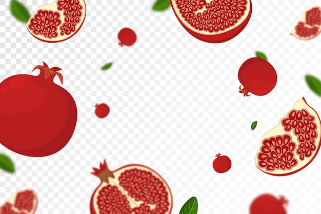 Falling pomegranate isolated on transparent background Flying whole and sliced pomegranates fruits with blurry effect Can be used for advertising packaging banner vector flat design