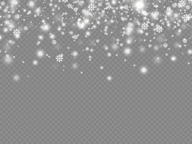 Falling shining transparent snow. Snowflakes in various shapes.